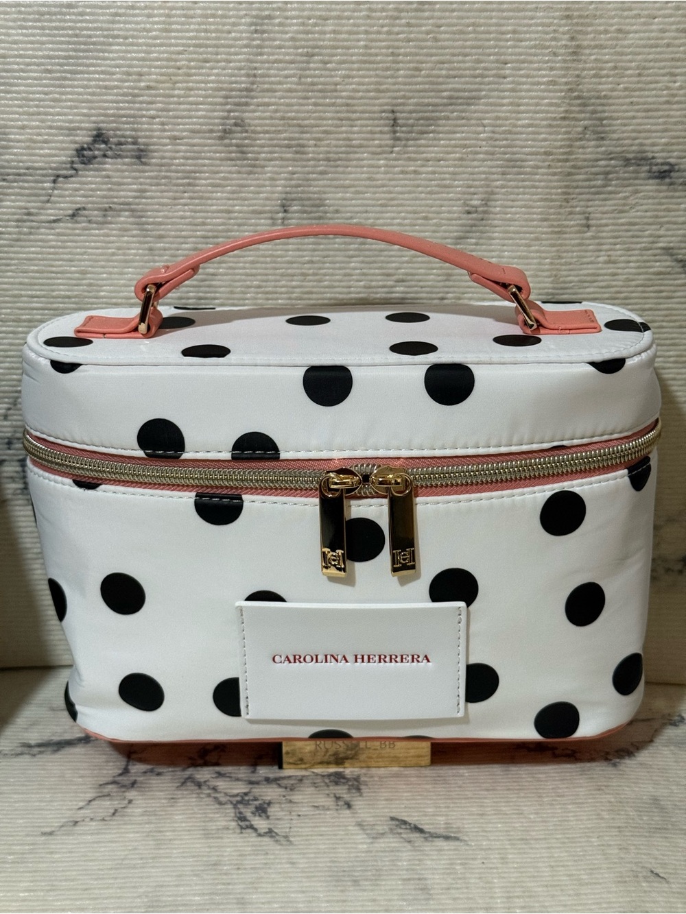 Carolina Herrera Beauty White Polka Dot Cosmetic Case with Pink Top Handle - Picture 4 of 16
